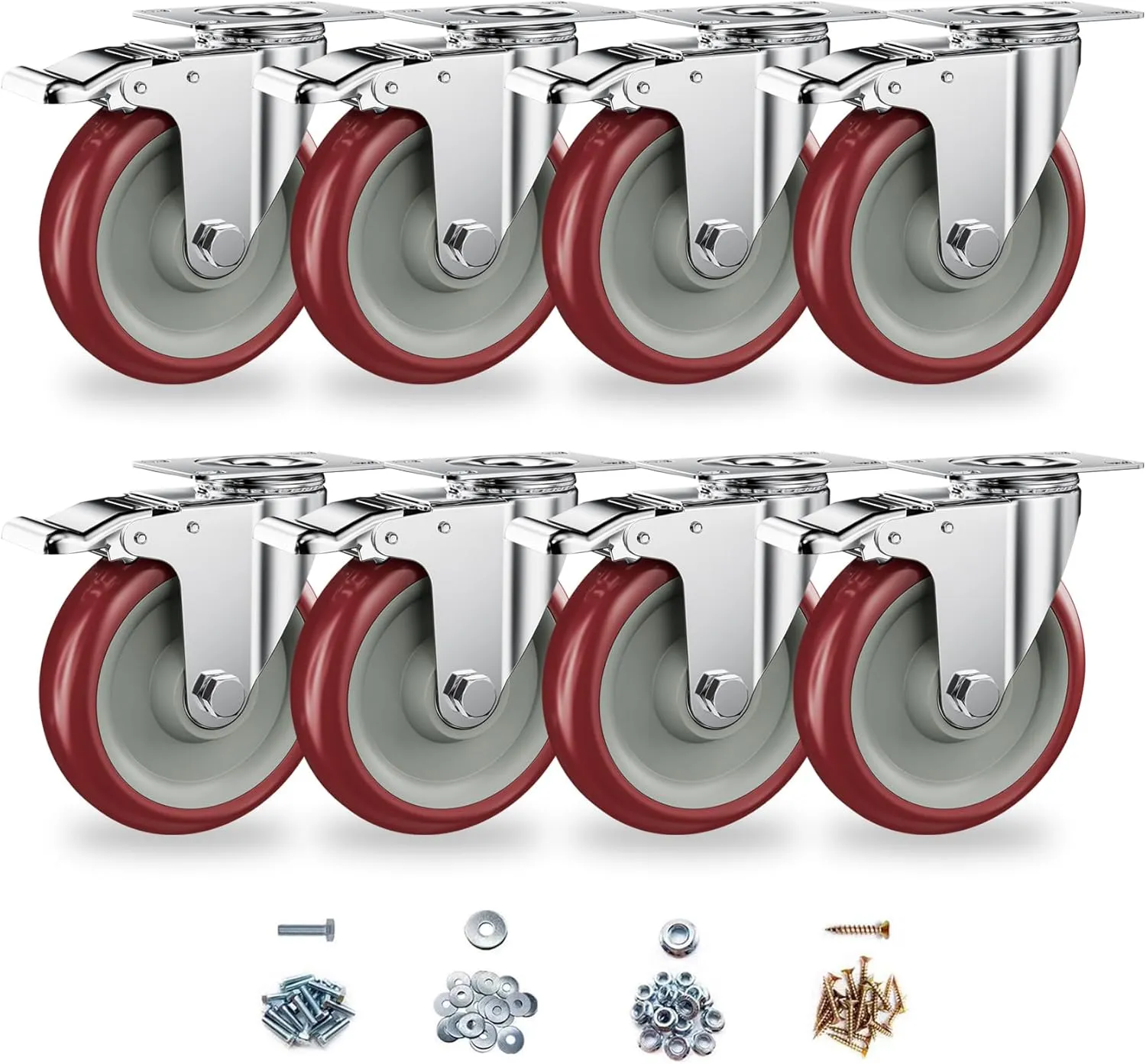 Casters Set of 8 Heavy Duty - Caster Wheels 5 Inch, CLOATFET Locking Castors, Swivel Casters with Brake (Top Plate), Double Ball Bearing Non Marking Castor Wheels for Cart Furniture Workbench