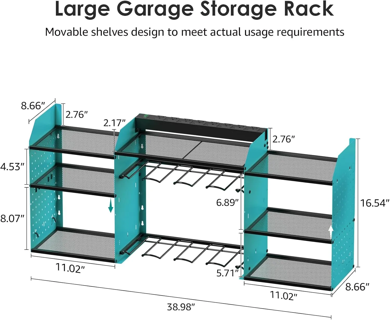 CCCEI Blue Large Tools Organizer Wall Mount Charging Station, 39 Inch Long Power Tool Battery Storage Rack with 10FT Power Strip. 8 Drill Holder, Garage Utility Shelves. Pegboard Hanging Extension.