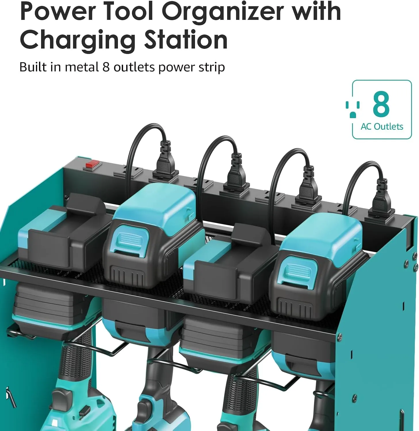 CCCEI Blue Large Tools Organizer Wall Mount Charging Station, 39 Inch Long Power Tool Battery Storage Rack with 10FT Power Strip. 8 Drill Holder, Garage Utility Shelves. Pegboard Hanging Extension.