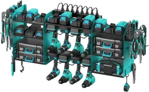 CCCEI Blue Large Tools Organizer Wall Mount Charging Station, 39 Inch Long Power Tool Battery Storage Rack with 10FT Power Strip. 8 Drill Holder, Garage Utility Shelves. Pegboard Hanging Extension.