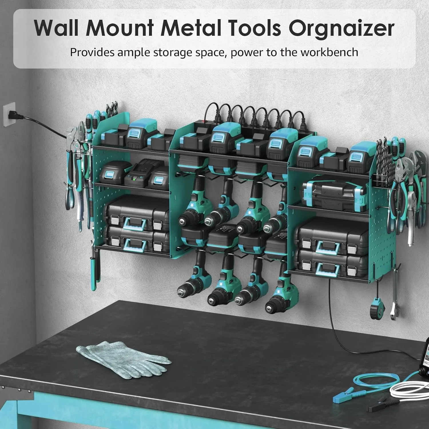 CCCEI Blue Large Tools Organizer Wall Mount Charging Station, 39 Inch Long Power Tool Battery Storage Rack with 10FT Power Strip. 8 Drill Holder, Garage Utility Shelves. Pegboard Hanging Extension.