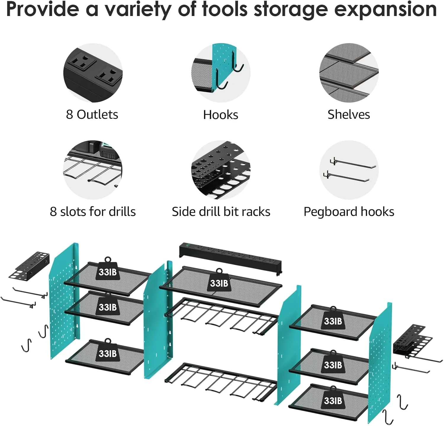 CCCEI Blue Large Tools Organizer Wall Mount Charging Station, 39 Inch Long Power Tool Battery Storage Rack with 10FT Power Strip. 8 Drill Holder, Garage Utility Shelves. Pegboard Hanging Extension.