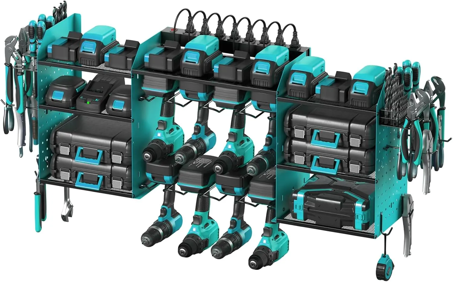 CCCEI Blue Large Tools Organizer Wall Mount Charging Station, 39 Inch Long Power Tool Battery Storage Rack with 10FT Power Strip. 8 Drill Holder, Garage Utility Shelves. Pegboard Hanging Extension.