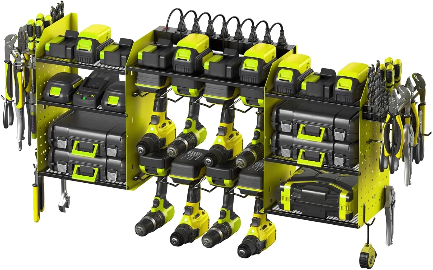 CCCEI Green Large Tools Organizer Wall Mount Charging Station, 39 Inch Long Power Tool Battery Storage Rack with 10FT Power Strip. 8 Drill Holder, Garage Utility Shelves. Pegboard Hanging Extension.