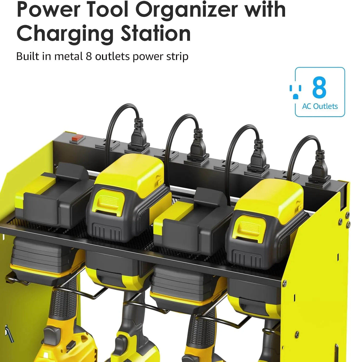 CCCEI Green Large Tools Organizer Wall Mount Charging Station, 39 Inch Long Power Tool Battery Storage Rack with 10FT Power Strip. 8 Drill Holder, Garage Utility Shelves. Pegboard Hanging Extension.