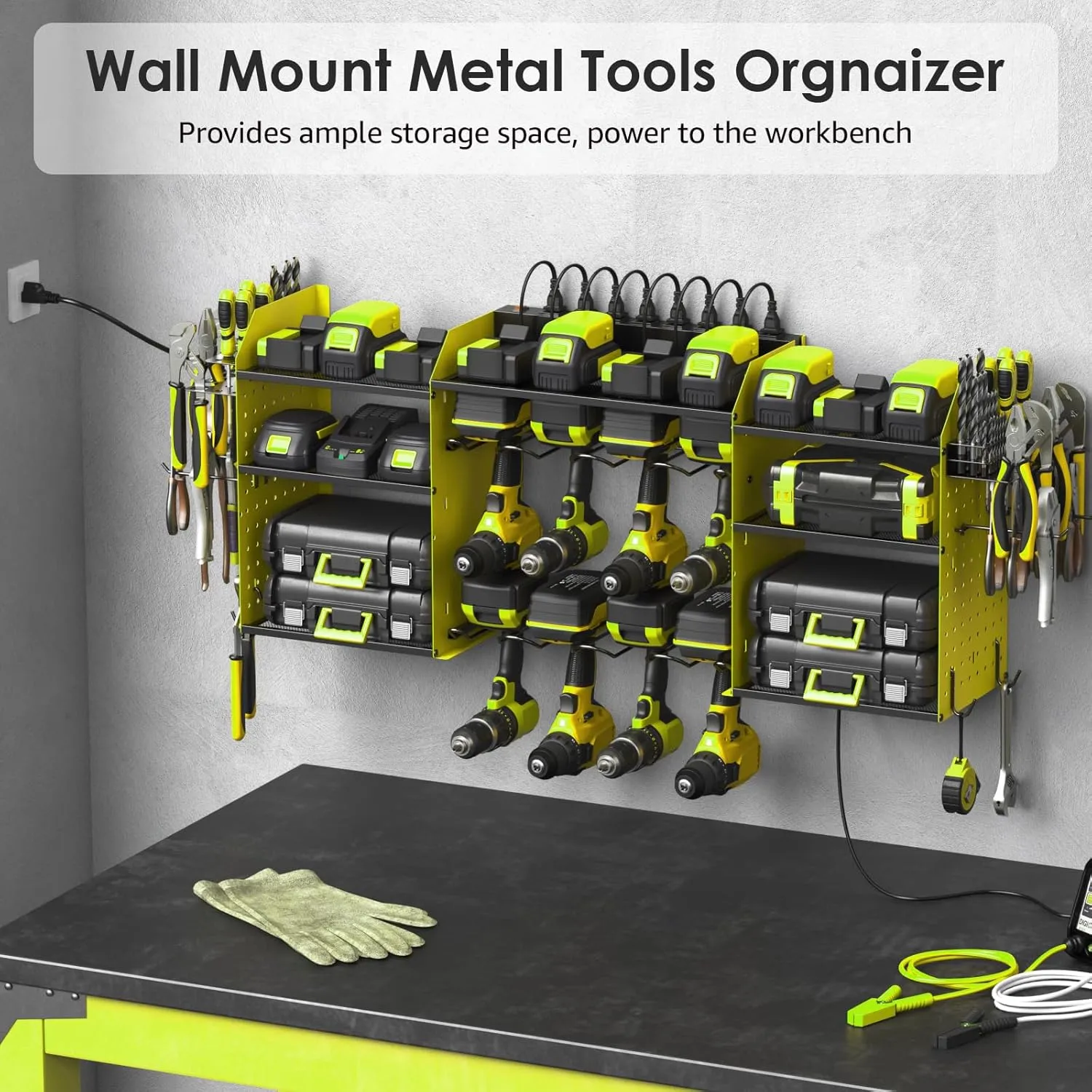 CCCEI Green Large Tools Organizer Wall Mount Charging Station, 39 Inch Long Power Tool Battery Storage Rack with 10FT Power Strip. 8 Drill Holder, Garage Utility Shelves. Pegboard Hanging Extension.