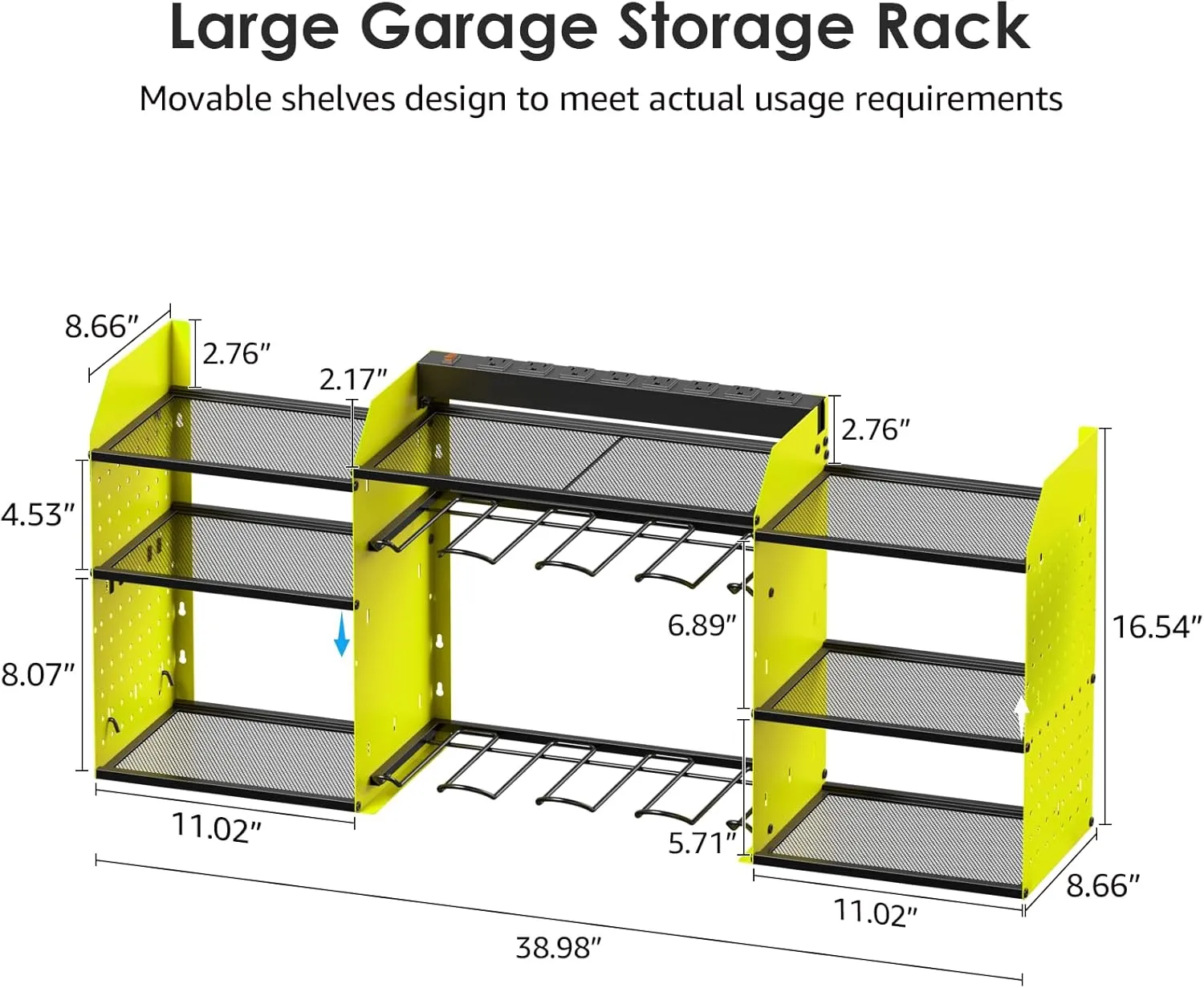 CCCEI Green Large Tools Organizer Wall Mount Charging Station, 39 Inch Long Power Tool Battery Storage Rack with 10FT Power Strip. 8 Drill Holder, Garage Utility Shelves. Pegboard Hanging Extension.