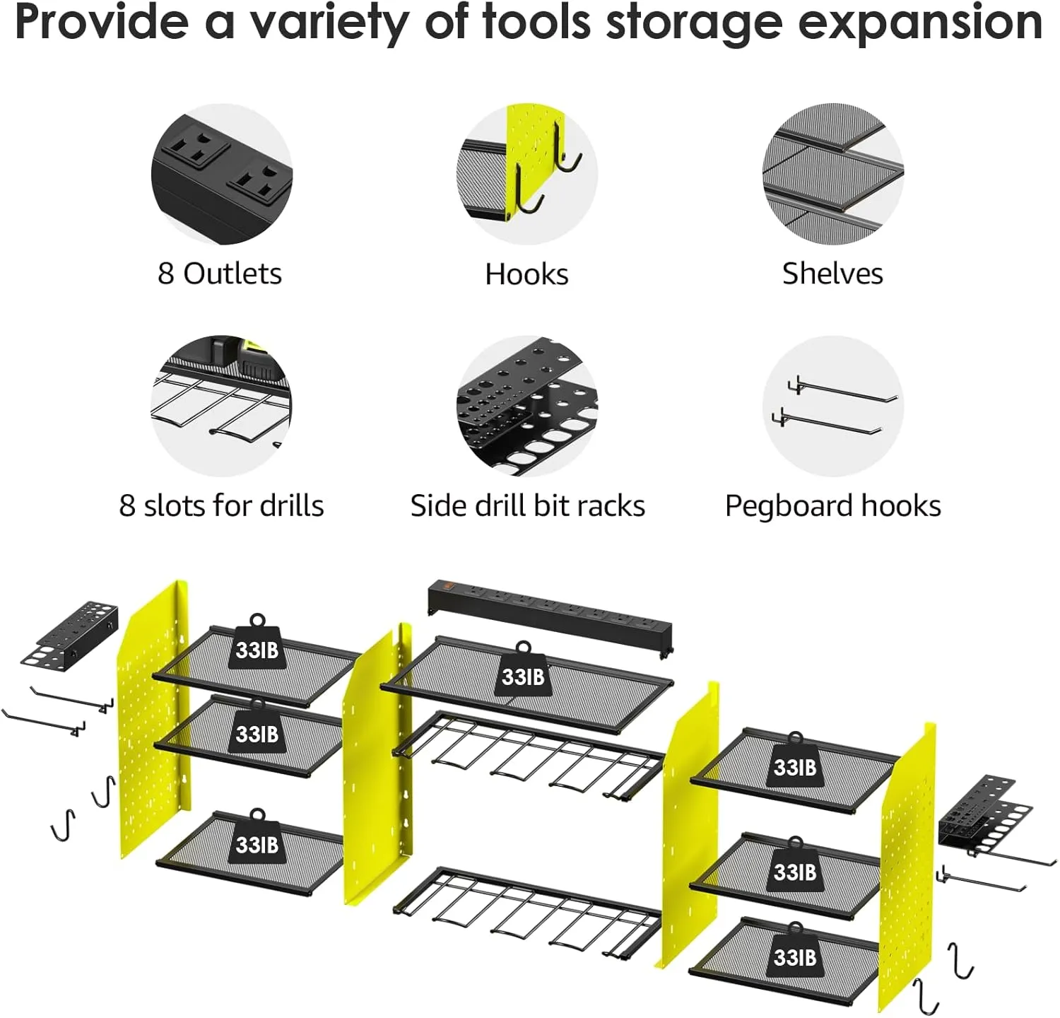 CCCEI Green Large Tools Organizer Wall Mount Charging Station, 39 Inch Long Power Tool Battery Storage Rack with 10FT Power Strip. 8 Drill Holder, Garage Utility Shelves. Pegboard Hanging Extension.