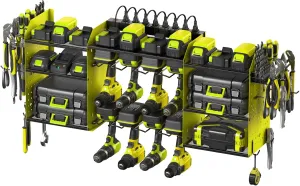 CCCEI Green Large Tools Organizer Wall Mount Charging Station, 39 Inch Long Power Tool Battery Storage Rack with 10FT Power Strip. 8 Drill Holder, Garage Utility Shelves. Pegboard Hanging Extension.