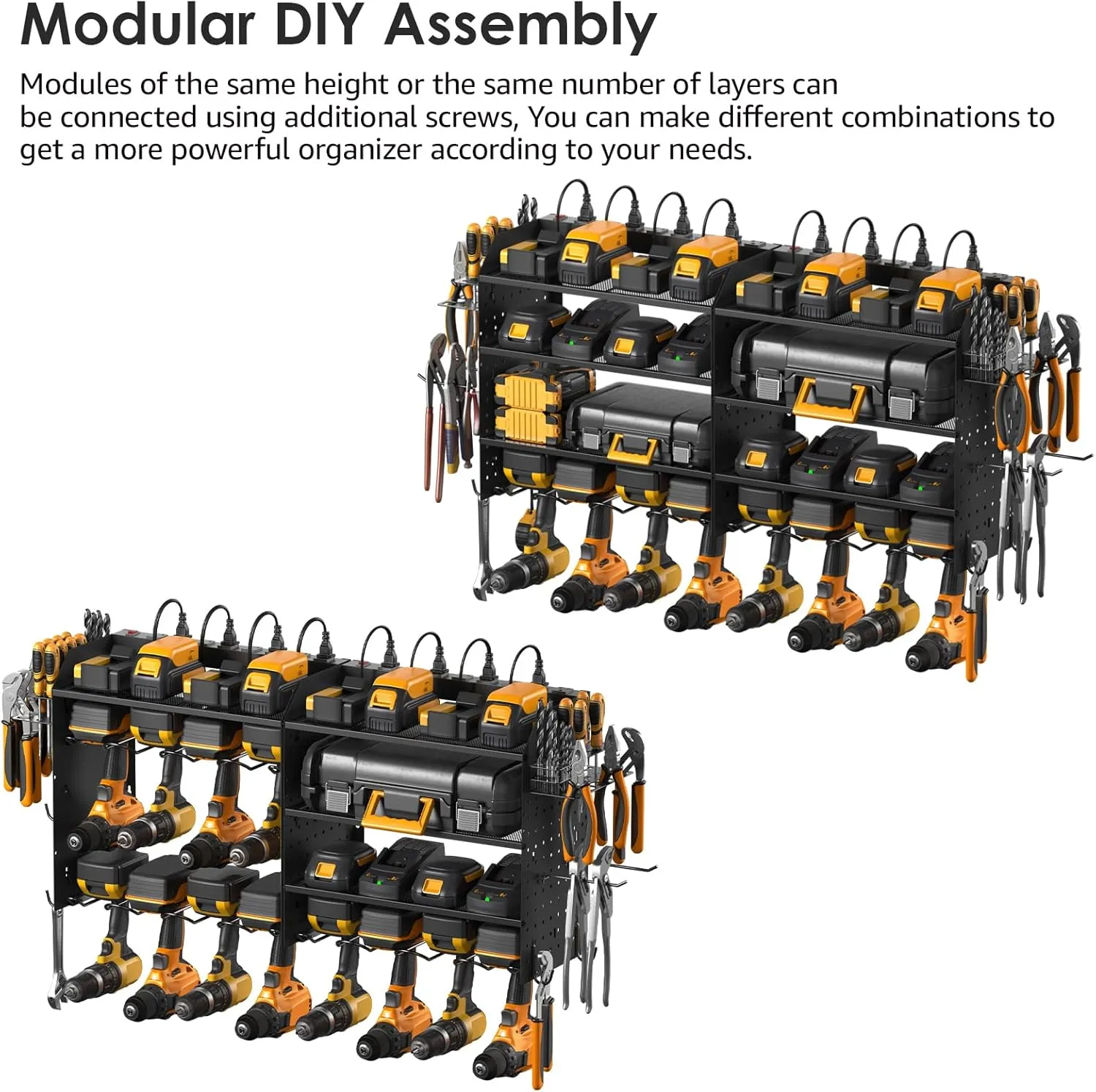 CCCEI Modular Power Tool Organizer with Charging Station. 4 Layer Wall Mount Drills Holder, Tool Battery Charger Organizer. Garage Shop Storage Utility Shelf with 10FT Power Strip, Gift for Men.