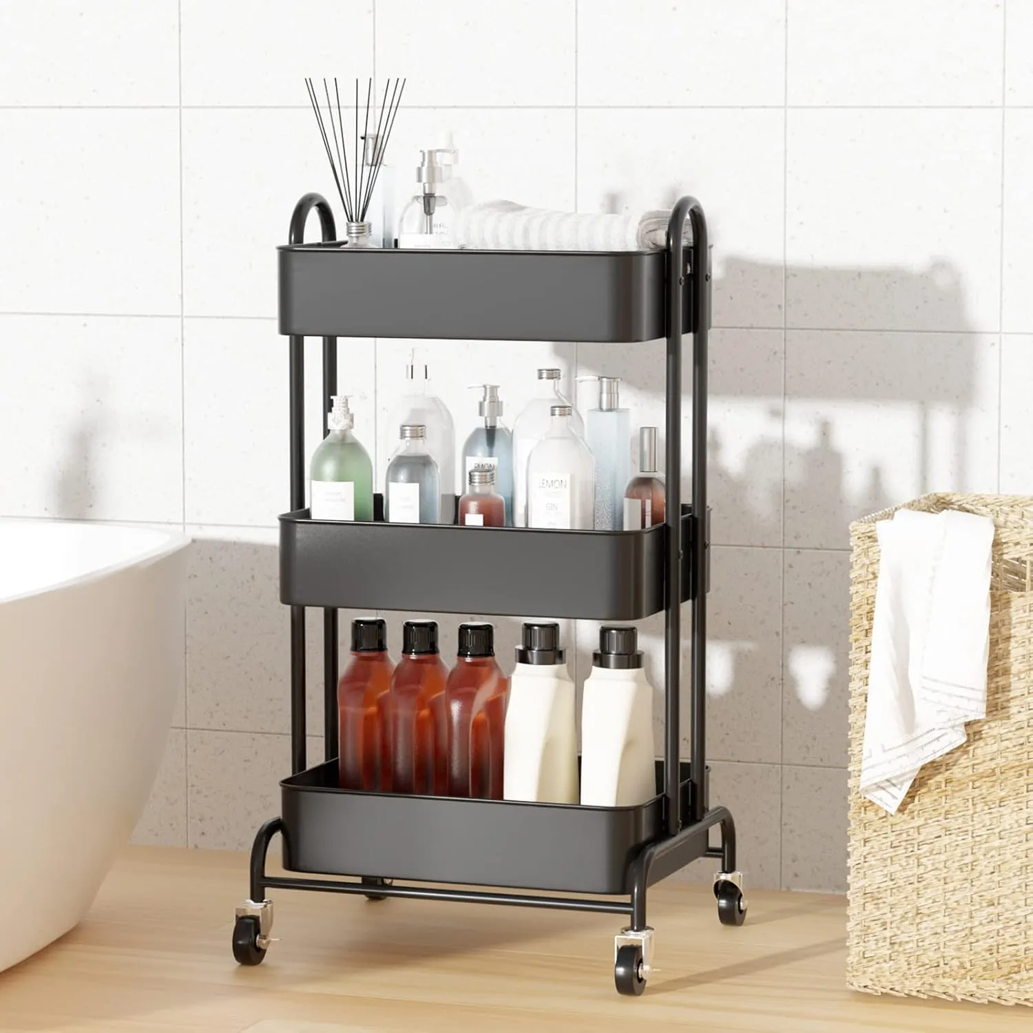Ceayell 3-Tier Metal Rolling Storage Cart Heavy Duty Utility Cart Organizer with Lockable Wheels Black