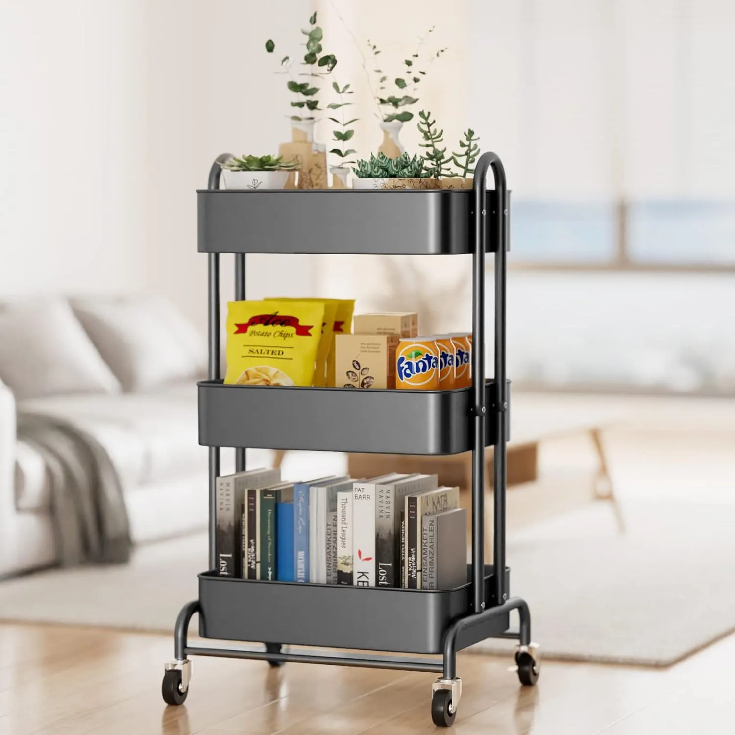 Ceayell 3-Tier Metal Rolling Storage Cart Heavy Duty Utility Cart Organizer with Lockable Wheels Black