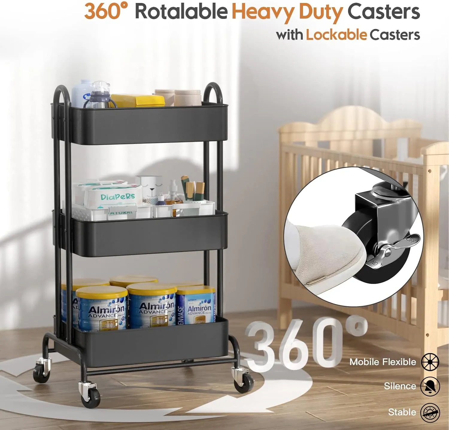 Ceayell 3-Tier Metal Rolling Storage Cart Heavy Duty Utility Cart Organizer with Lockable Wheels Black