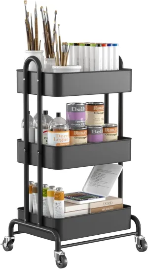 Ceayell 3-Tier Metal Rolling Storage Cart Heavy Duty Utility Cart Organizer with Lockable Wheels Black