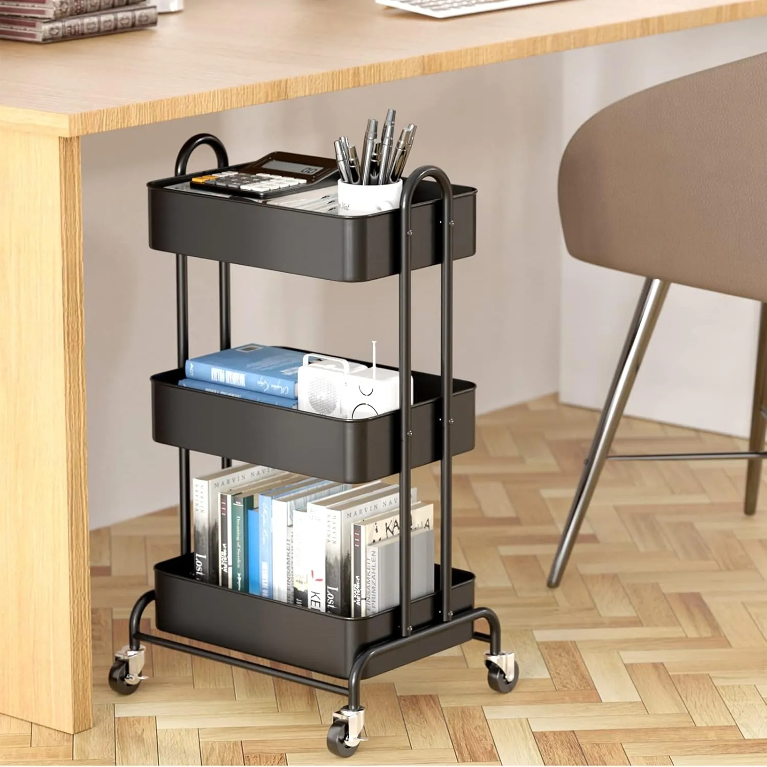Ceayell 3-Tier Metal Rolling Storage Cart Heavy Duty Utility Cart Organizer with Lockable Wheels Black
