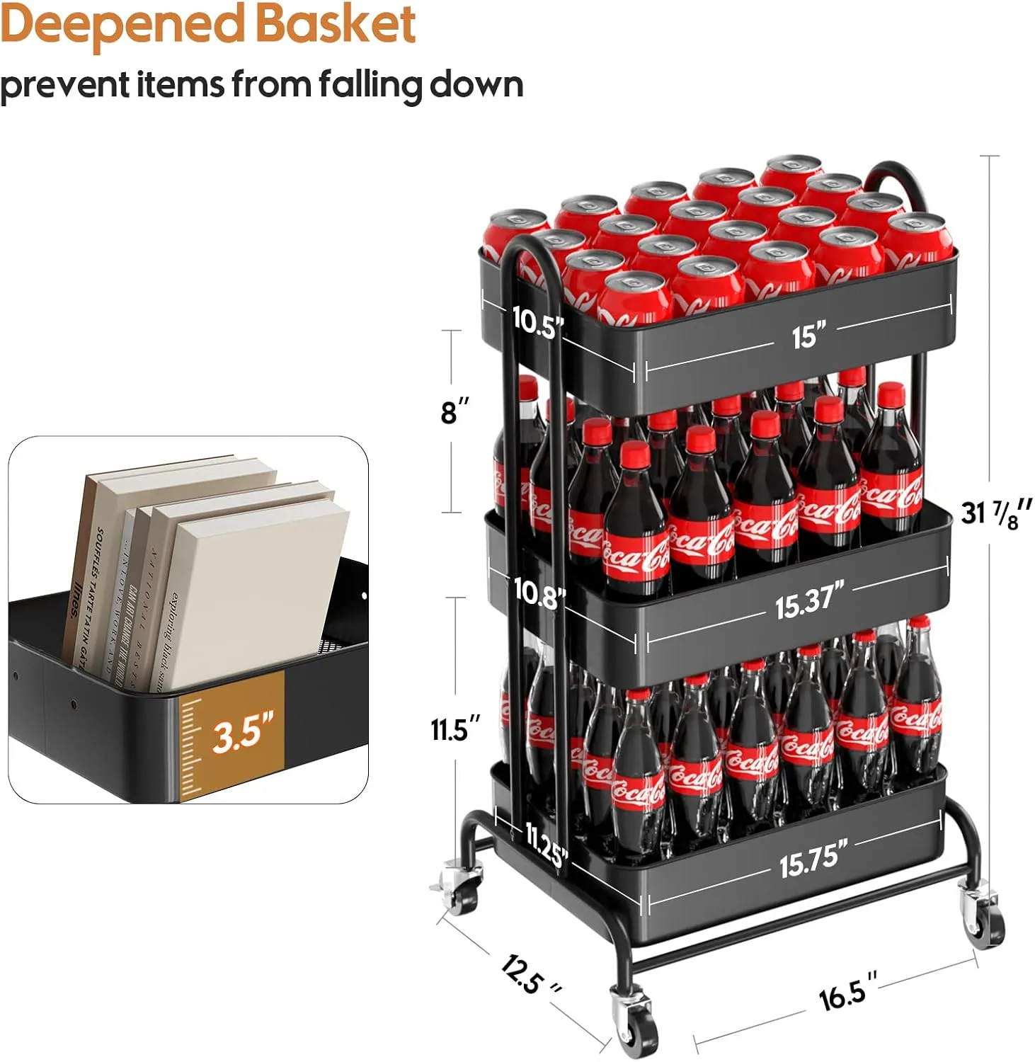 Ceayell 3-Tier Metal Rolling Storage Cart Heavy Duty Utility Cart Organizer with Lockable Wheels Black