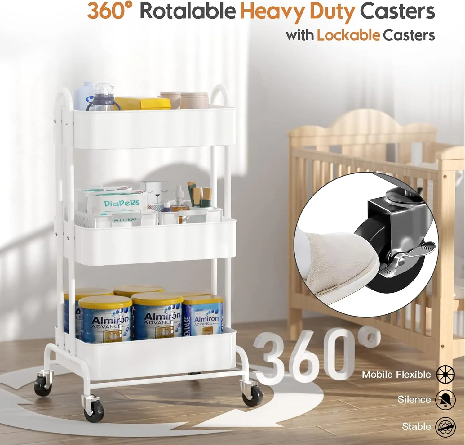 Ceayell 3-Tier Metal Rolling Storage Cart Heavy Duty Utility Cart Organizer with Lockable Wheels