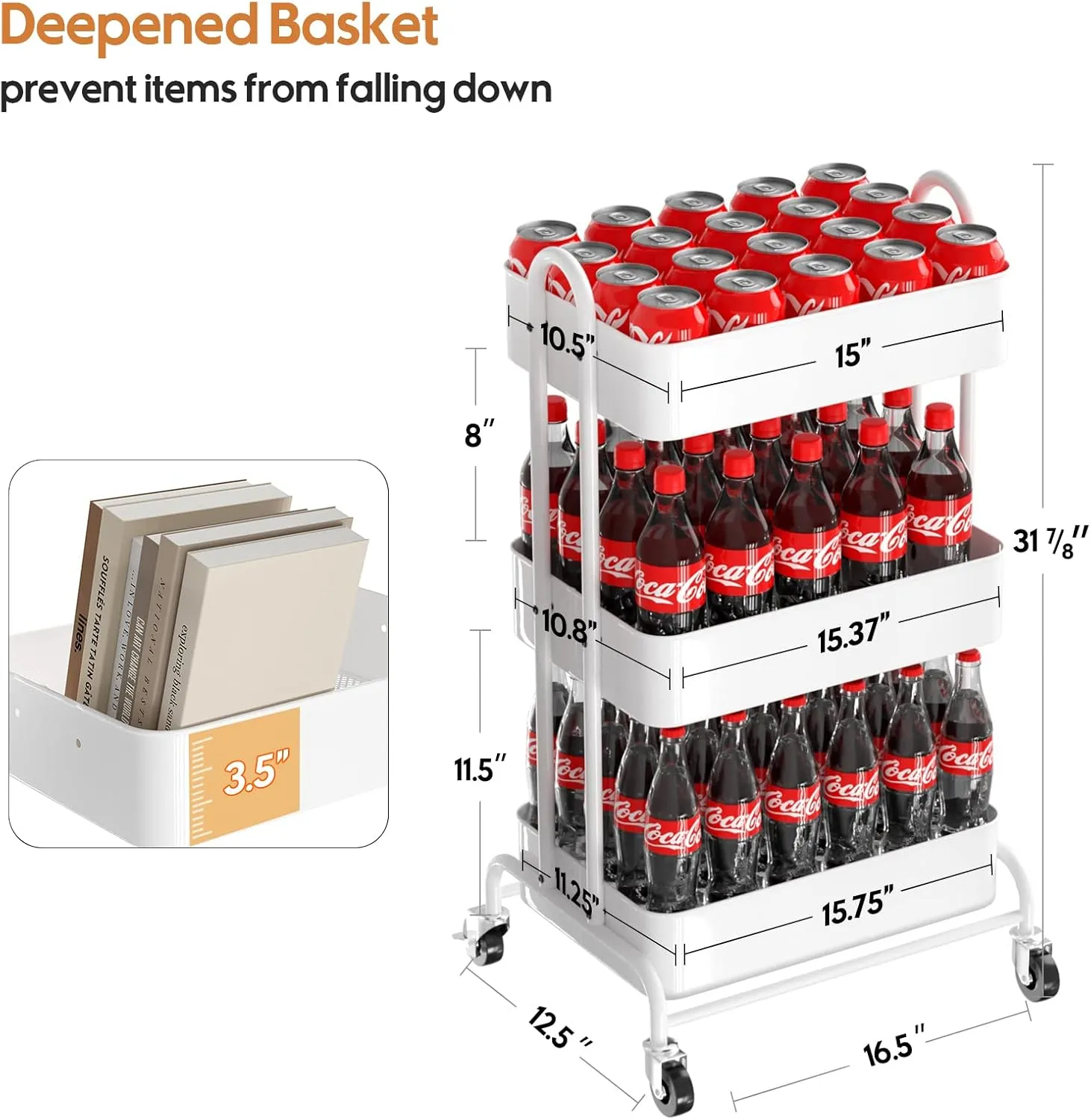 Ceayell 3-Tier Metal Rolling Storage Cart Heavy Duty Utility Cart Organizer with Lockable Wheels