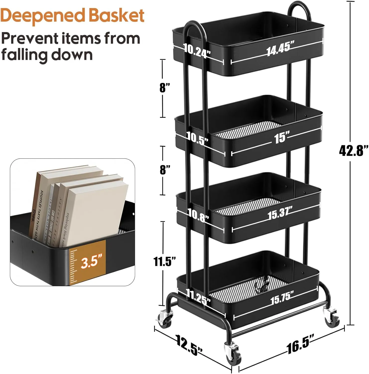 Ceayell Metal Rolling Storage Cart Heavy Duty Utility Cart Organizer with Lockable Wheels (Black, 4-Tier)
