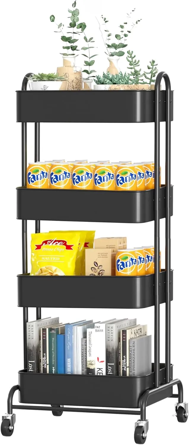 Ceayell Metal Rolling Storage Cart Heavy Duty Utility Cart Organizer with Lockable Wheels (Black, 4-Tier)