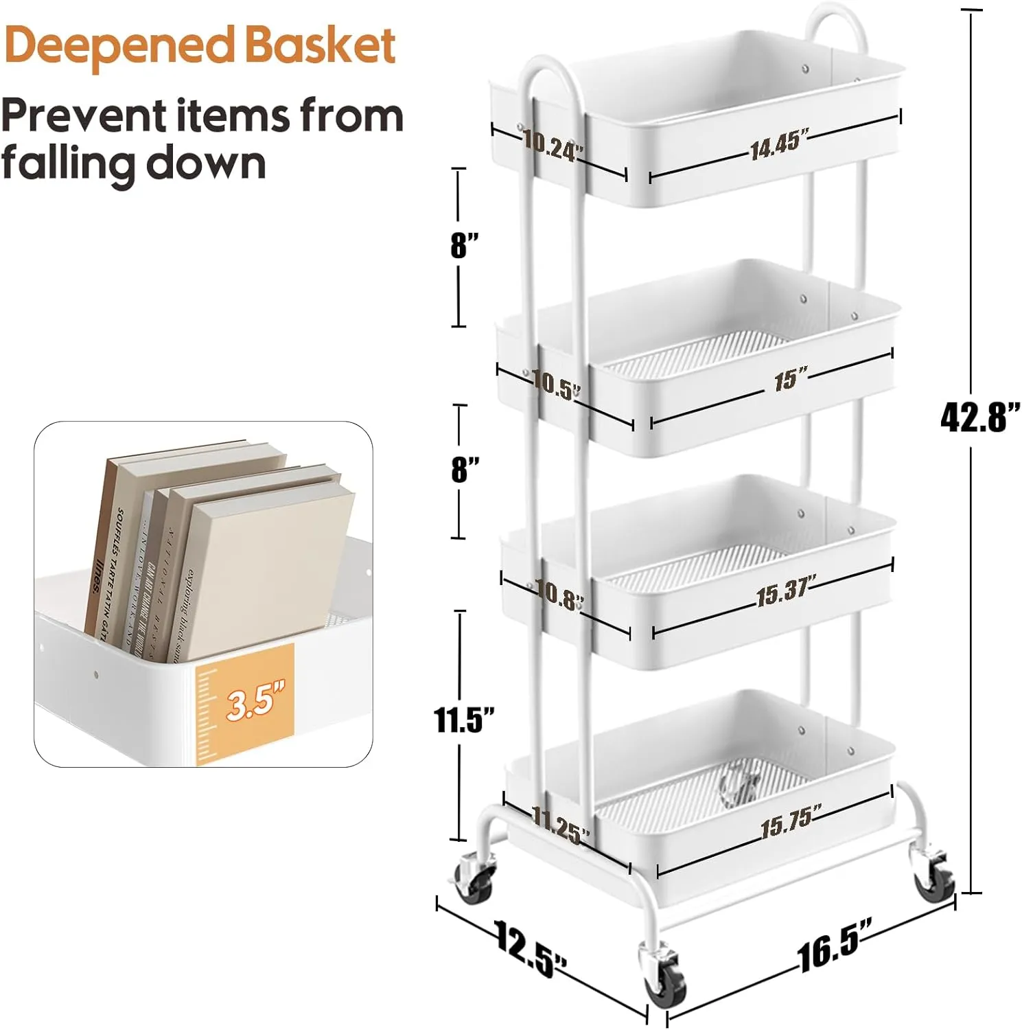 Ceayell Metal Rolling Storage Cart Heavy Duty Utility Cart Organizer with Lockable Wheels (White, 4-Tier)
