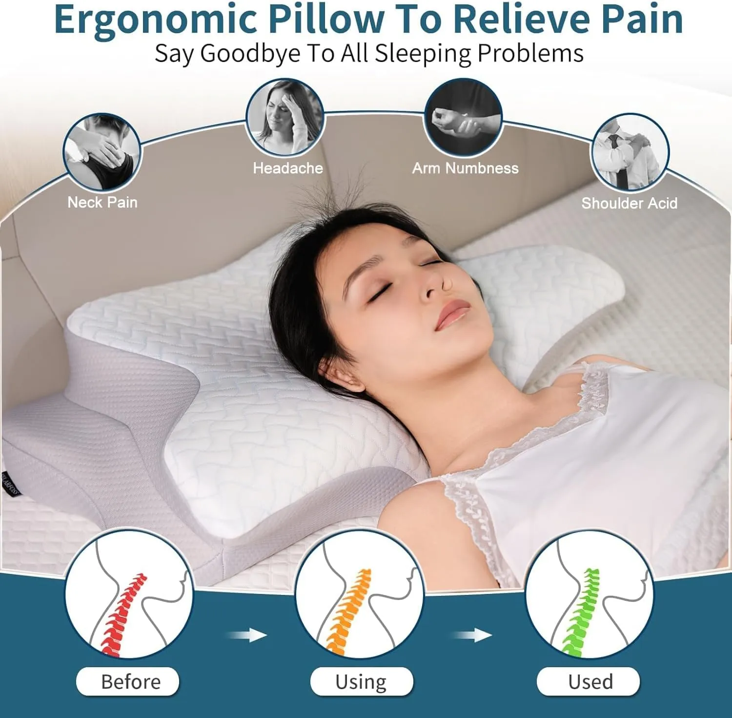 Cervical Neck Pillow for Pain Relief - Ergonomic Memory Foam Pillows for Sleeping, Side Sleeper Pillow for Adults Neck Support, Contour Cooling Bed Pillow for Back Stomach Sleeper (White)