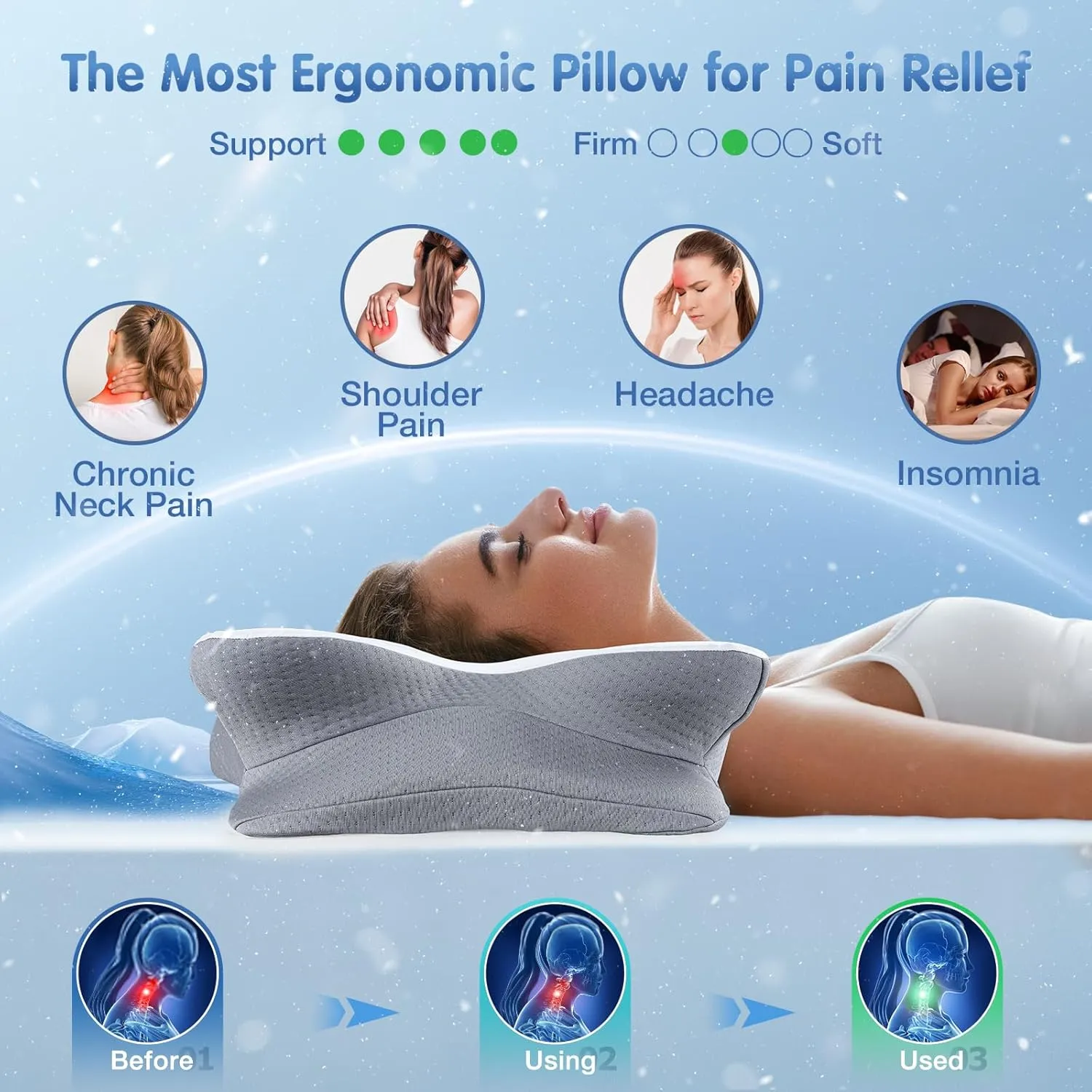Cervical Neck Pillow for Pain Relief Sleeping, Neck Support Pillows for Sleeping with Cooling Pillowcase, Ergonomic Memory Foam Pillows, Contour Orthopedic Pillow for Side Back Stomach Sleeper