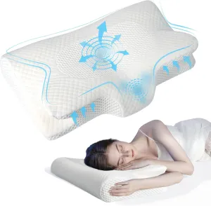 Cervical Neck Pillow for Sleeping, Memory Foam Pillow with 2 Different Side, Ergonomic Pillow for Side, Back, Stomach Sleepers with Breathable Pillowcase, White