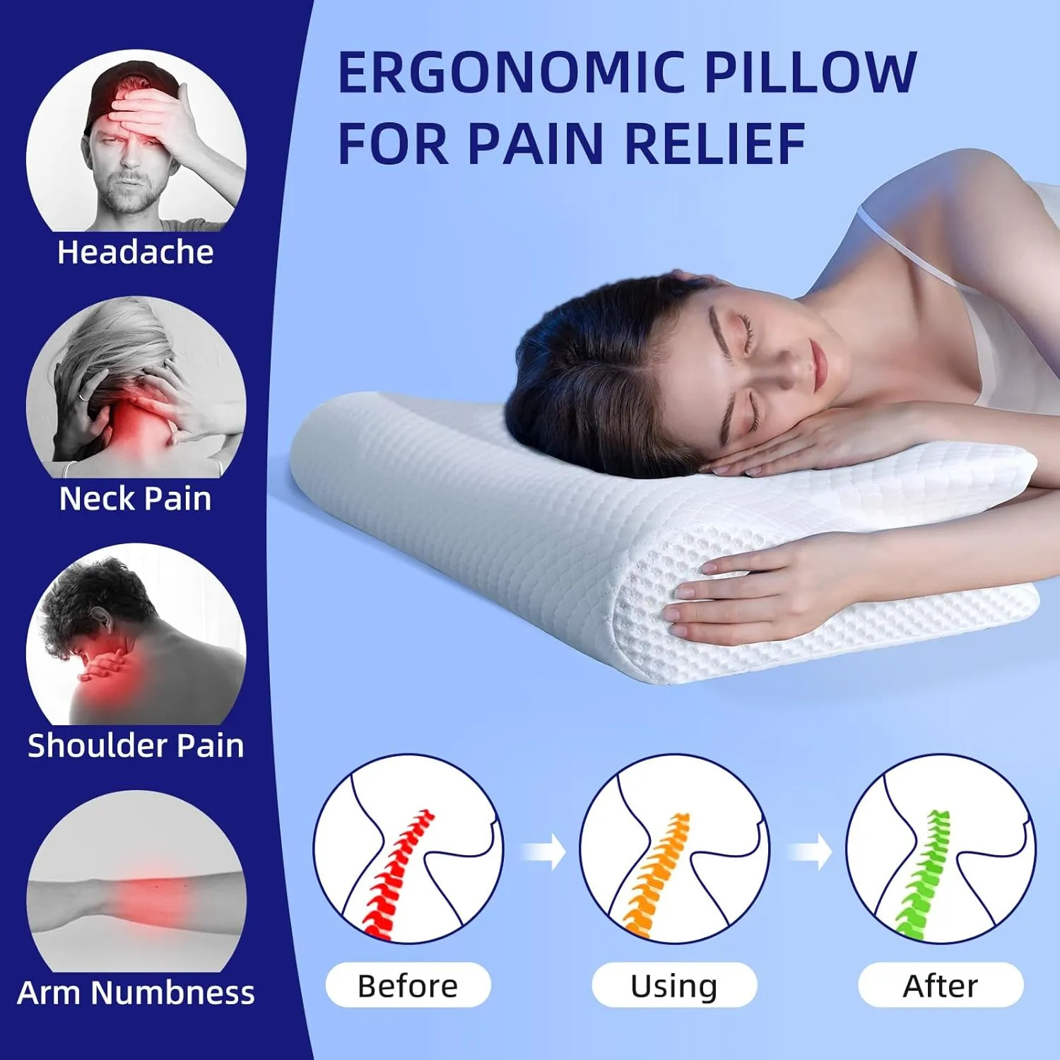 Cervical Neck Pillow for Sleeping, Memory Foam Pillow with 2 Different Side, Ergonomic Pillow for Side, Back, Stomach Sleepers with Breathable Pillowcase, White