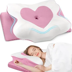 Cervical Neck Pillow, Memory Foam Neck Support Pillows for Sleeping, Shoulder Pillow for Side Sleepers, Back Stomach Sleepers, CertiPUR-US Certified, Queen Size, Pink