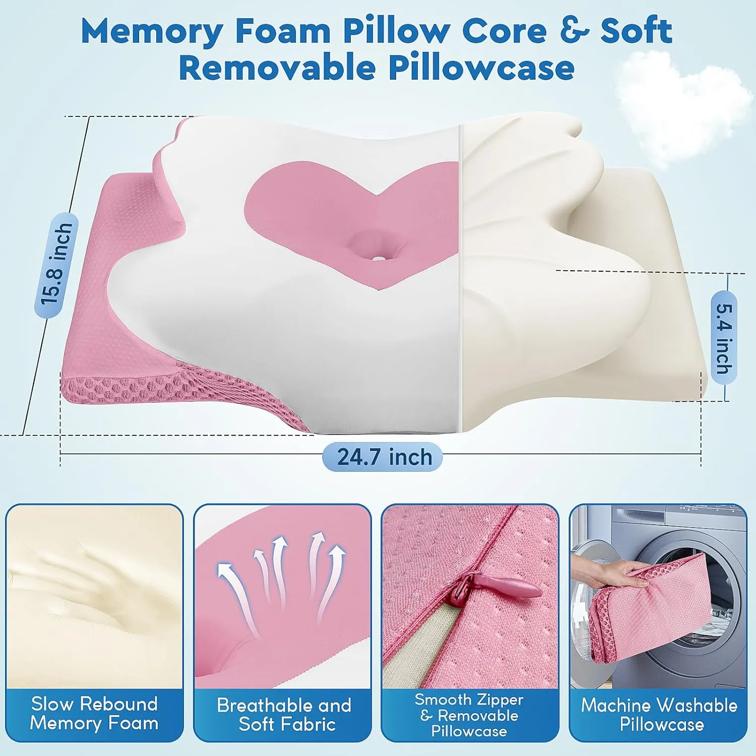 Cervical Neck Pillow, Memory Foam Neck Support Pillows for Sleeping, Shoulder Pillow for Side Sleepers, Back Stomach Sleepers, CertiPUR-US Certified, Queen Size, Pink