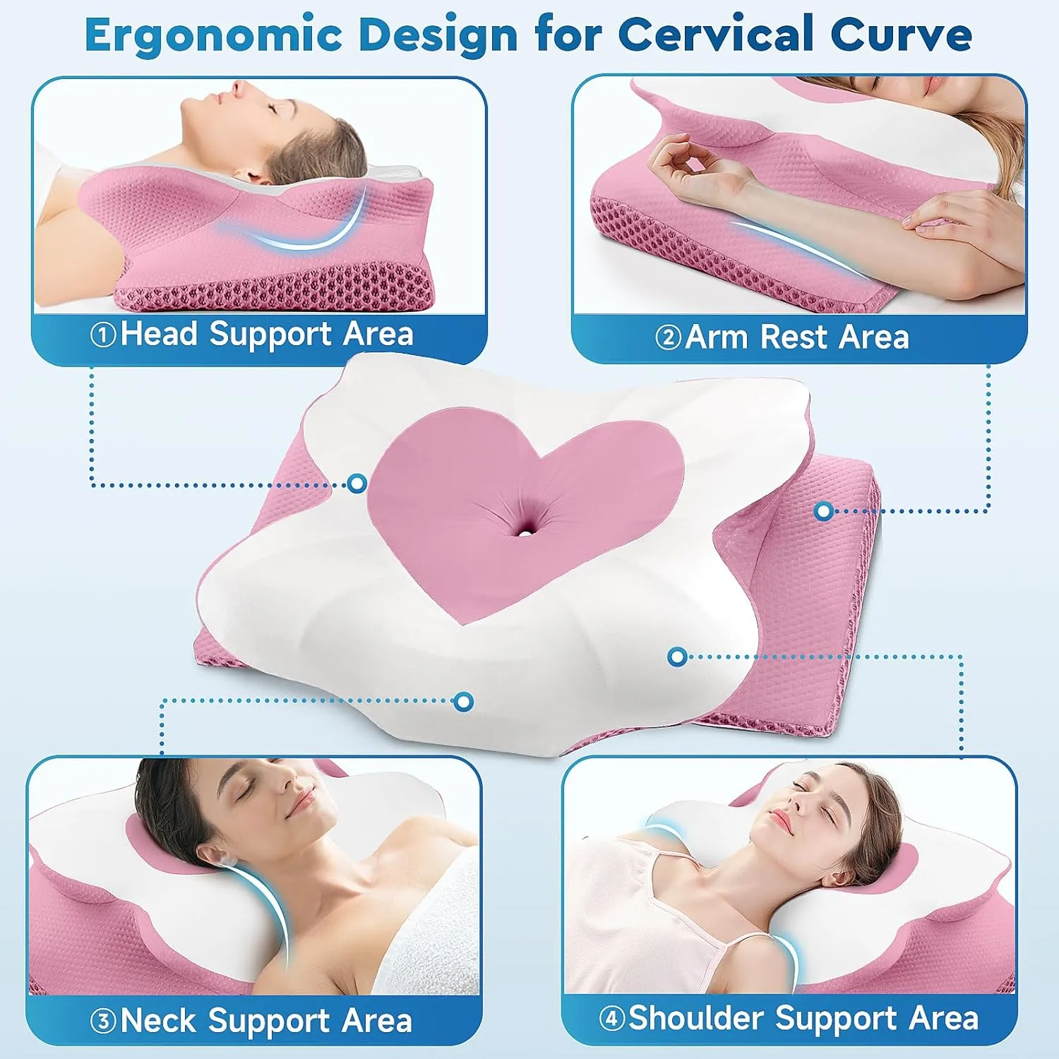 Cervical Neck Pillow, Memory Foam Neck Support Pillows for Sleeping, Shoulder Pillow for Side Sleepers, Back Stomach Sleepers, CertiPUR-US Certified, Queen Size, Pink