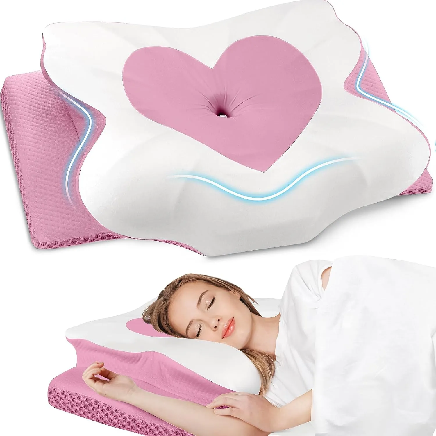 Cervical Neck Pillow, Memory Foam Neck Support Pillows for Sleeping, Shoulder Pillow for Side Sleepers, Back Stomach Sleepers, CertiPUR-US Certified, Queen Size, Pink