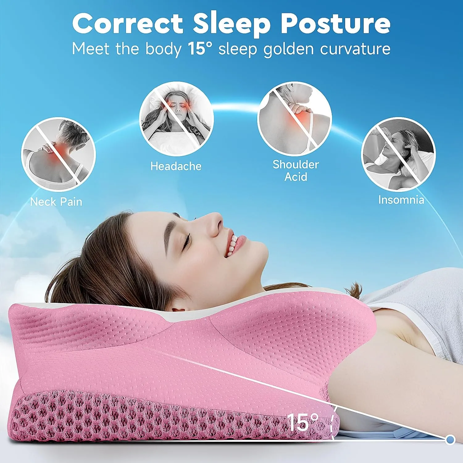 Cervical Neck Pillow, Memory Foam Neck Support Pillows for Sleeping, Shoulder Pillow for Side Sleepers, Back Stomach Sleepers, CertiPUR-US Certified, Queen Size, Pink
