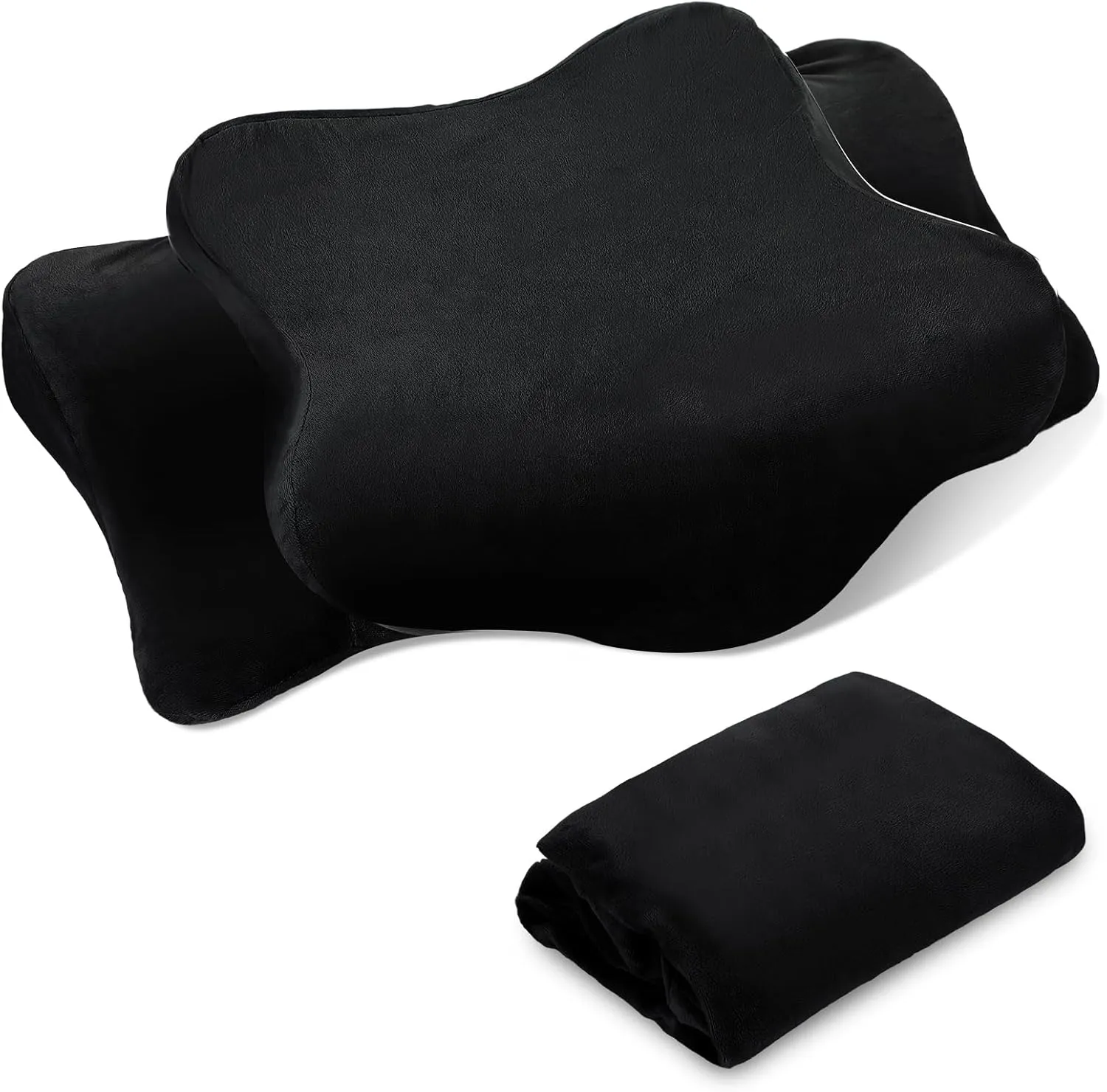 Cervical Neck Pillowcase (Only Pillowcase) with Zipper Ergonomic Pillow Cover Contour Pillow Cover Fuzzy Cases for Side Back Stomach Sleepers(Black,Queen Size)