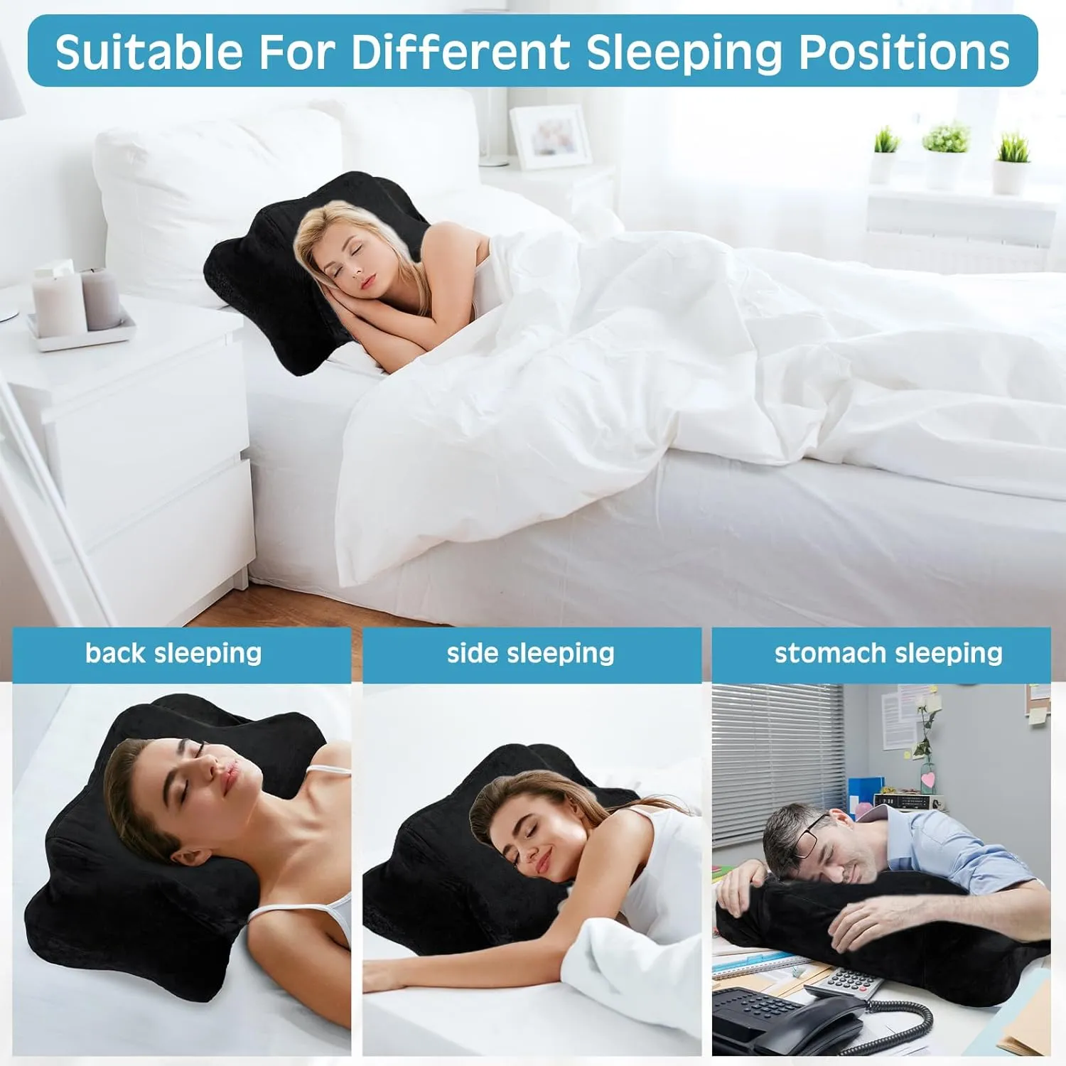 Cervical Neck Pillowcase (Only Pillowcase) with Zipper Ergonomic Pillow Cover Contour Pillow Cover Fuzzy Cases for Side Back Stomach Sleepers(Black,Queen Size)