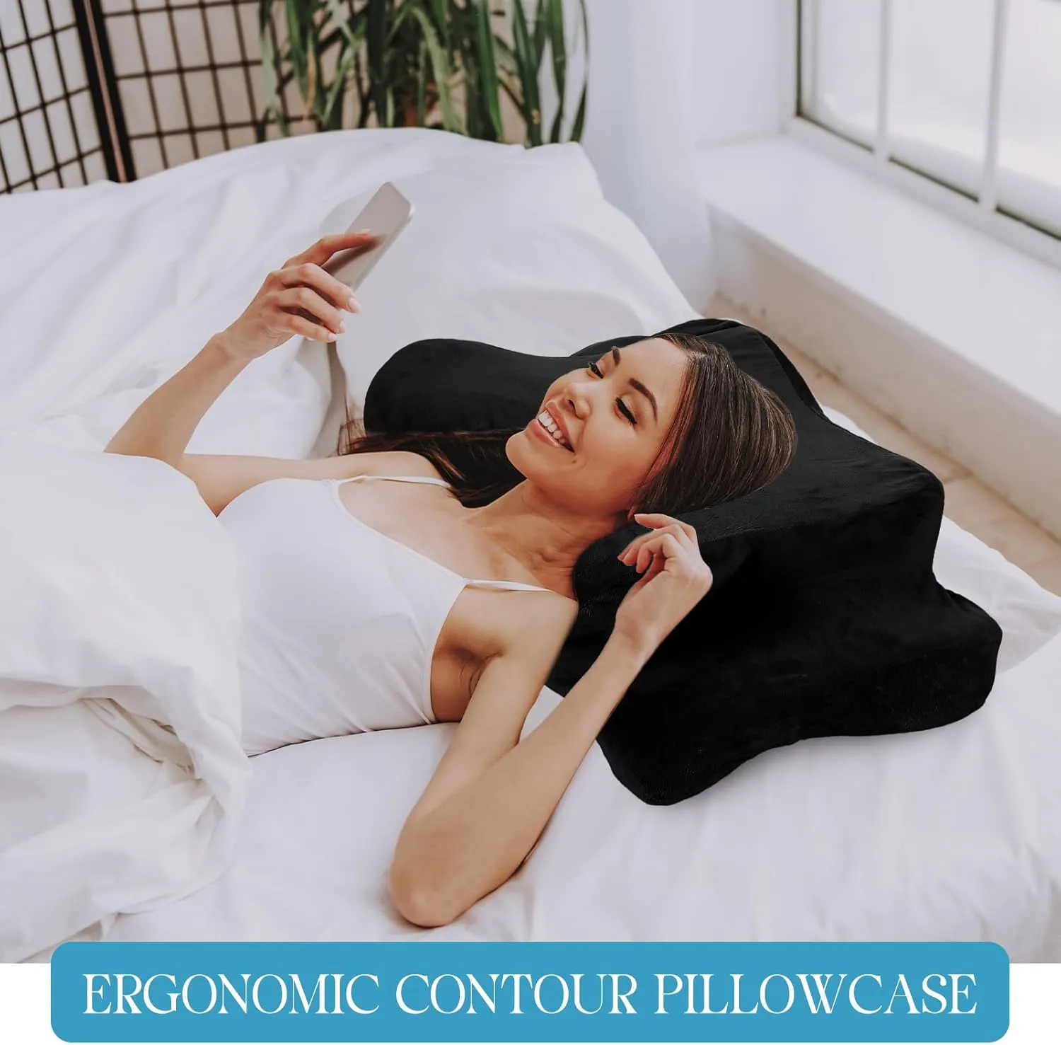 Cervical Neck Pillowcase (Only Pillowcase) with Zipper Ergonomic Pillow Cover Contour Pillow Cover Fuzzy Cases for Side Back Stomach Sleepers(Black,Queen Size)