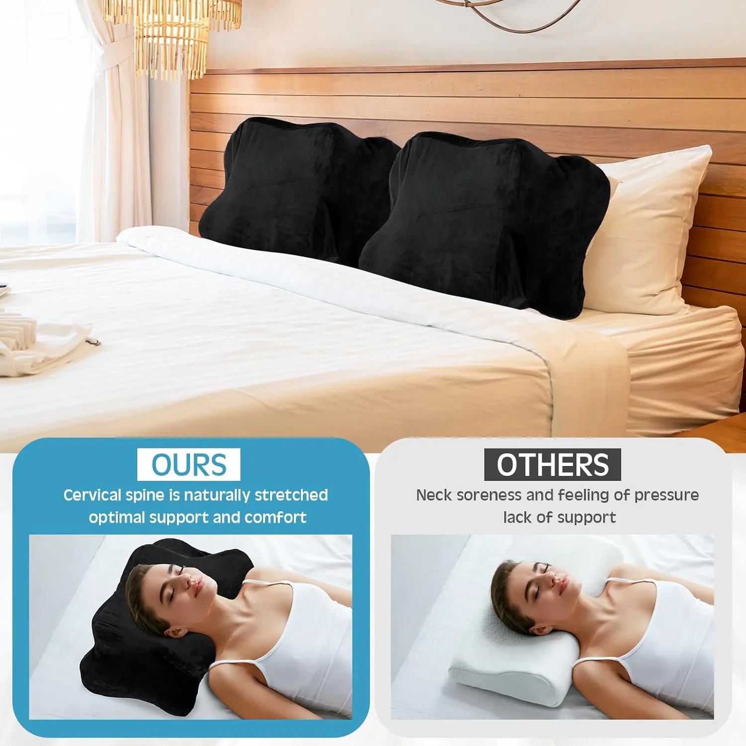Cervical Neck Pillowcase (Only Pillowcase) with Zipper Ergonomic Pillow Cover Contour Pillow Cover Fuzzy Cases for Side Back Stomach Sleepers(Black,Queen Size)