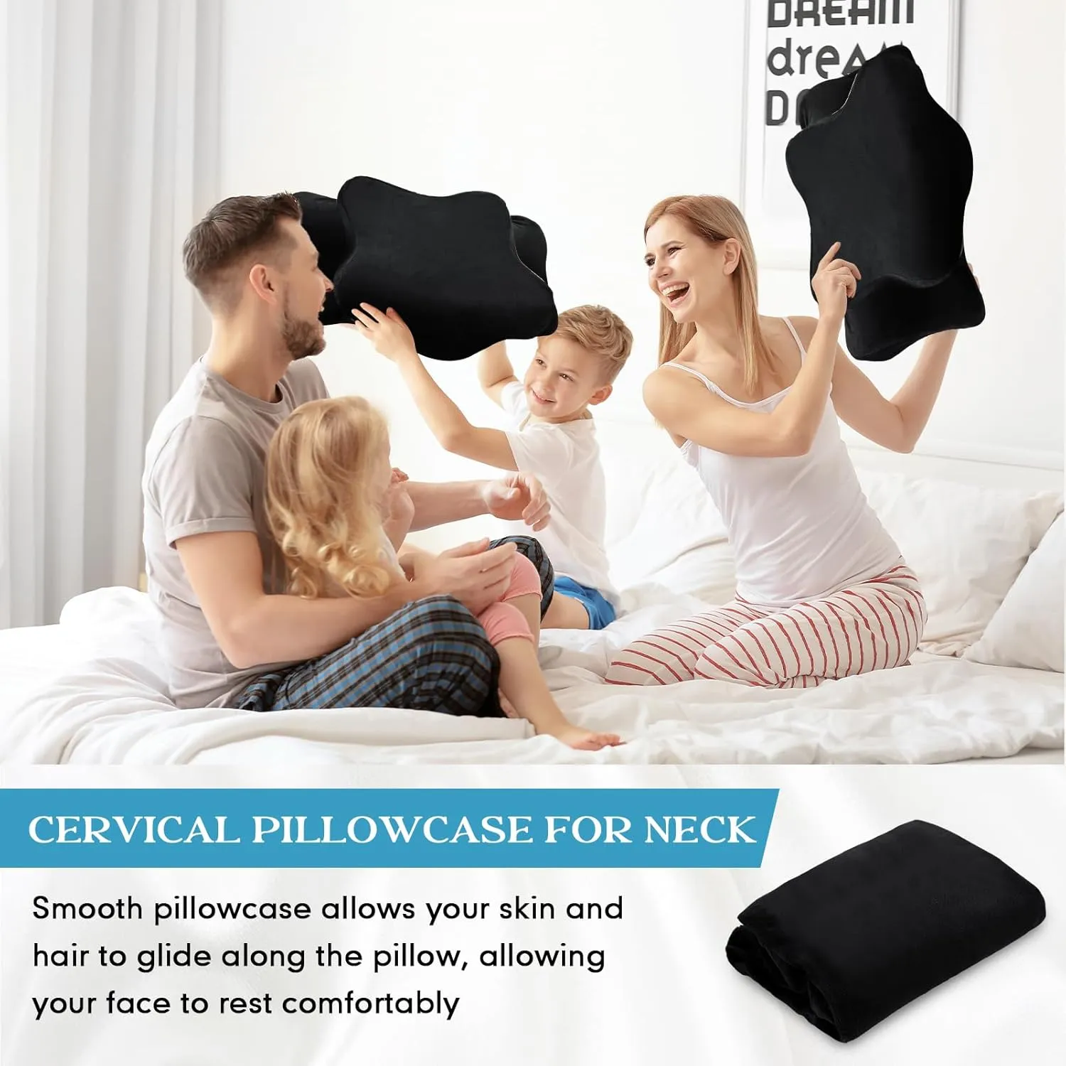 Cervical Neck Pillowcase (Only Pillowcase) with Zipper Ergonomic Pillow Cover Contour Pillow Cover Fuzzy Cases for Side Back Stomach Sleepers(Black,Queen Size)