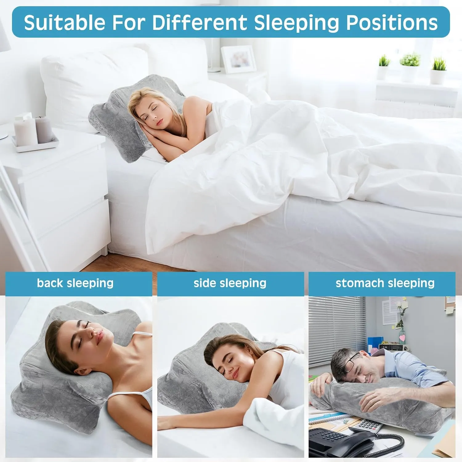 Cervical Neck Pillowcase (Only Pillowcase) with Zipper Ergonomic Pillow Cover Contour Pillow Cover Fuzzy Cases for Side Back Stomach Sleepers(Gray,Queen Size)