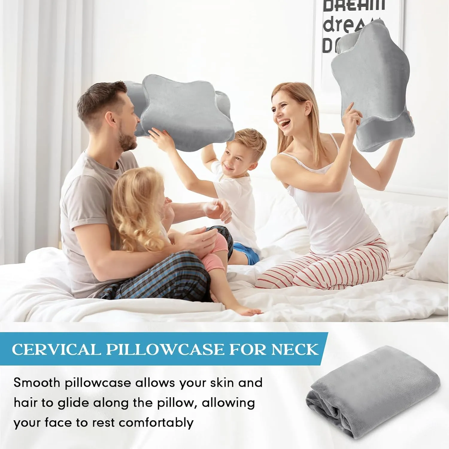 Cervical Neck Pillowcase (Only Pillowcase) with Zipper Ergonomic Pillow Cover Contour Pillow Cover Fuzzy Cases for Side Back Stomach Sleepers(Gray,Queen Size)