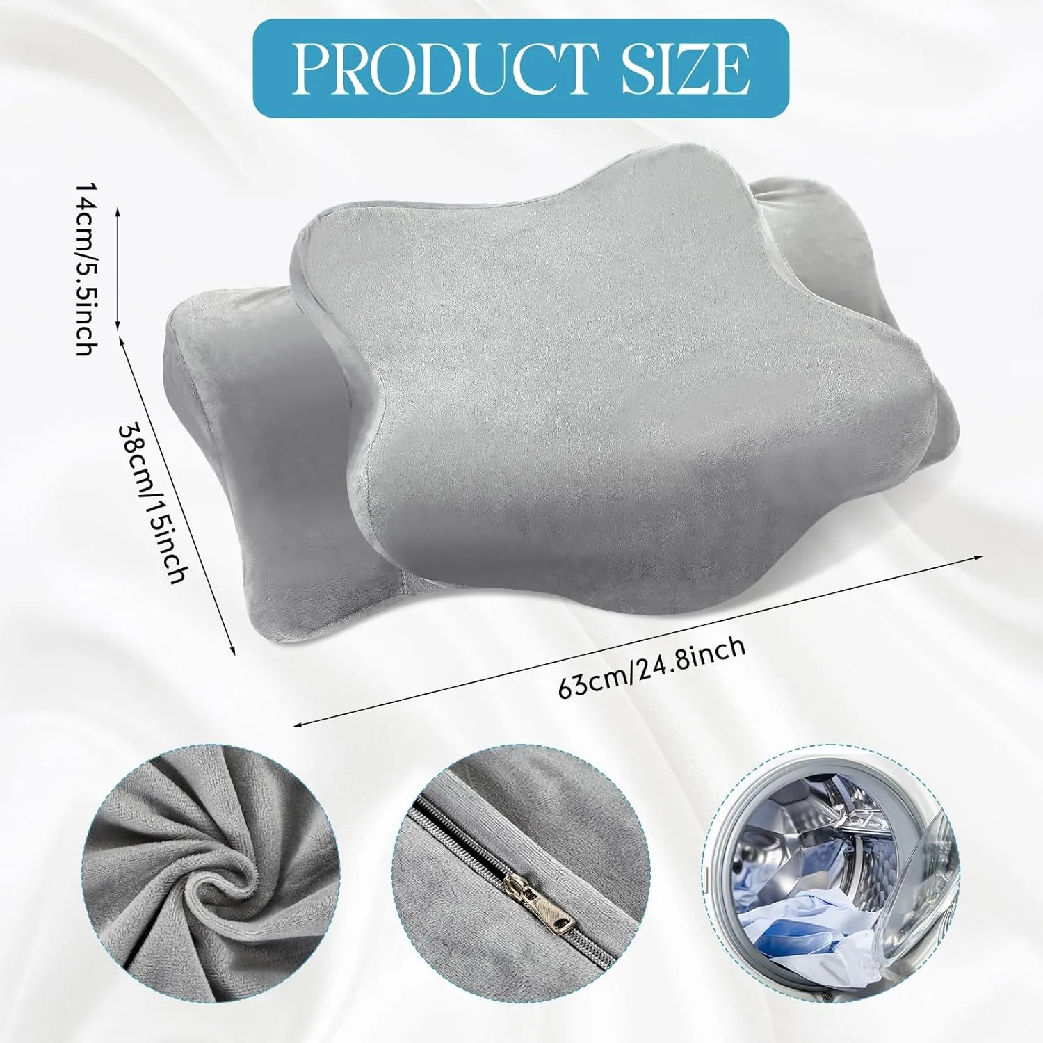 Cervical Neck Pillowcase (Only Pillowcase) with Zipper Ergonomic Pillow Cover Contour Pillow Cover Fuzzy Cases for Side Back Stomach Sleepers(Gray,Queen Size)