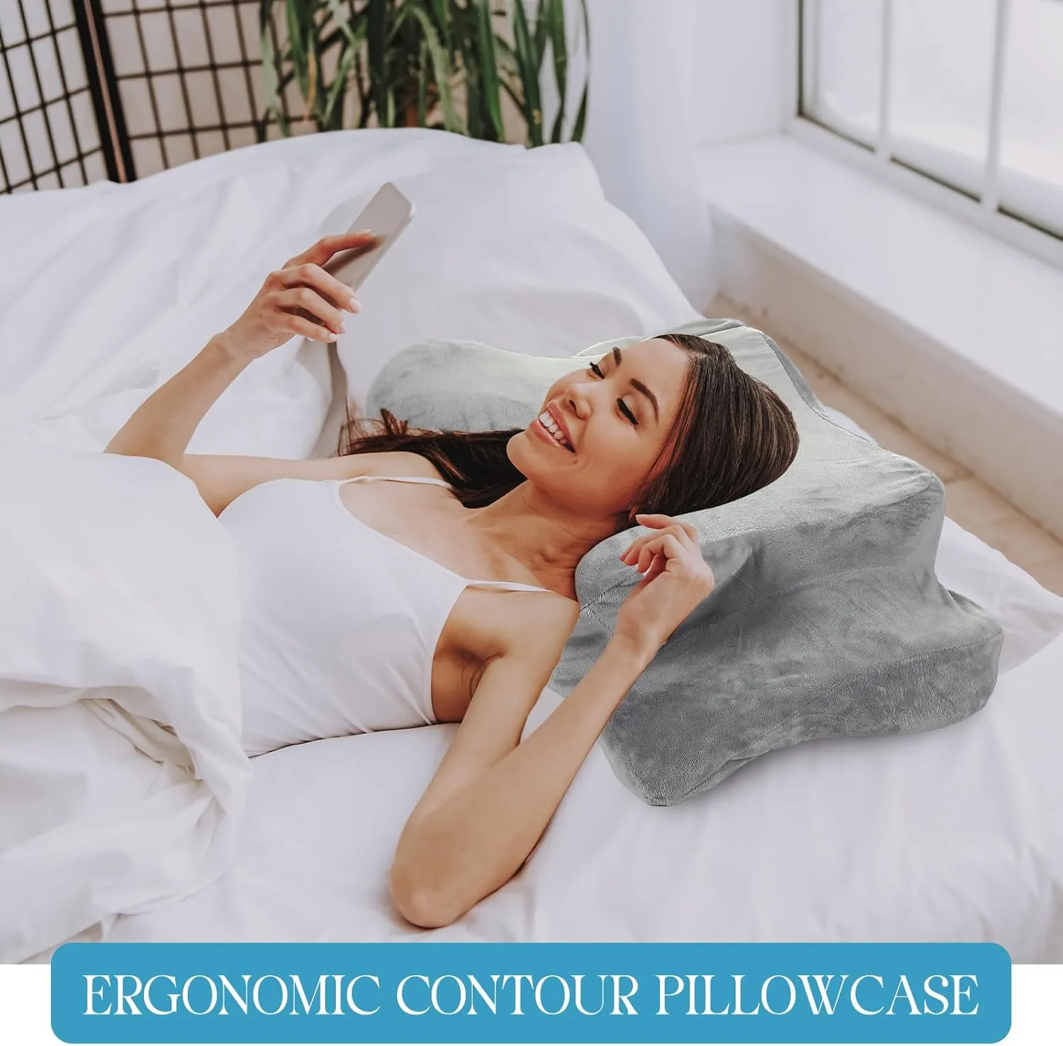 Cervical Neck Pillowcase (Only Pillowcase) with Zipper Ergonomic Pillow Cover Contour Pillow Cover Fuzzy Cases for Side Back Stomach Sleepers(Gray,Queen Size)