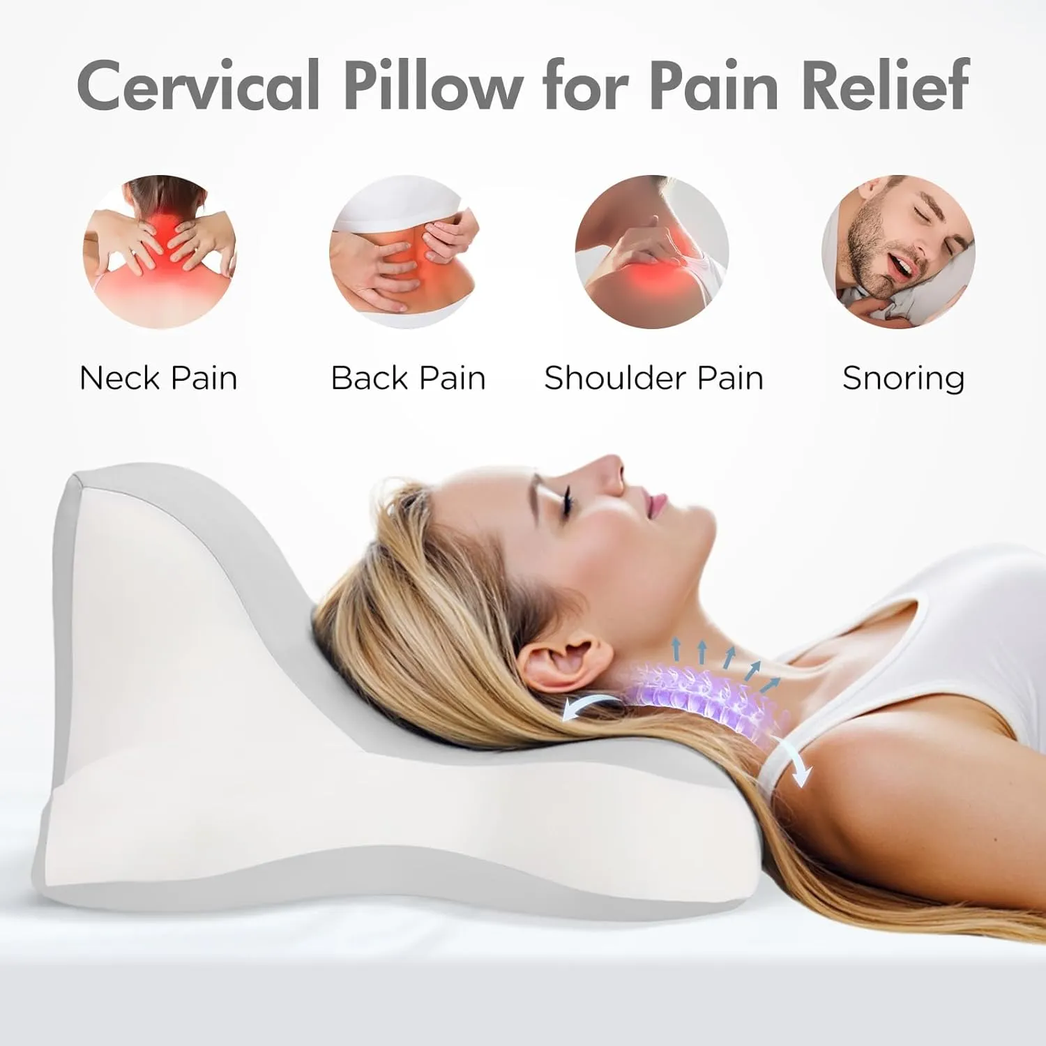 Cervical Pillow for Neck Pain Relief, Contour Memory Foam Pillow for Sleeping, Ergonomic Neck Support Pillow for Side Back Stomach Sleepers, Bed Pillows with Cooling Silk Pillowcase Grey