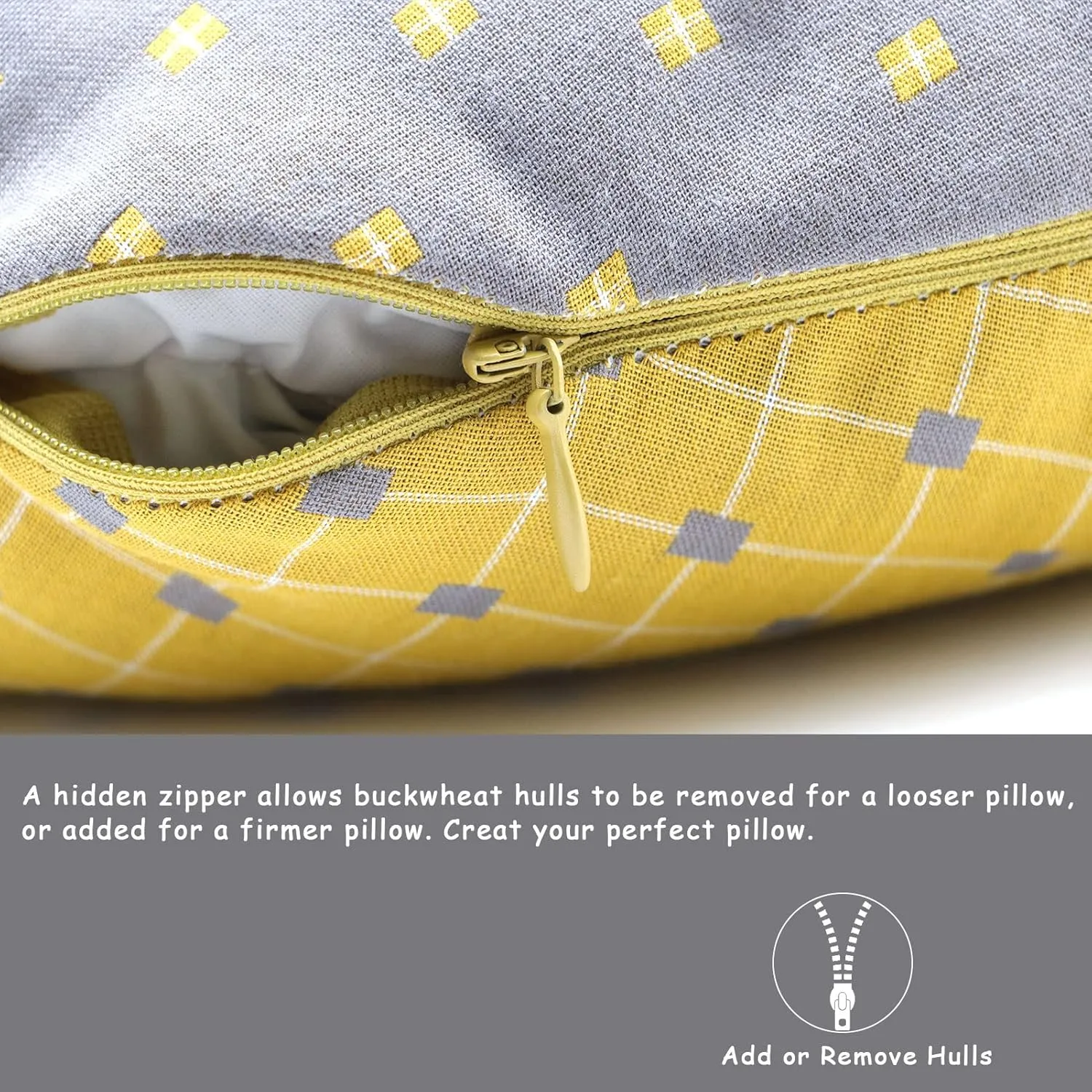 Cervical Pillow Neck Support Pillow U Shaped Travel Pillow for Shoulder Support with Adjustable Buckwheat Hulls Filling (12x12 inch, Yellow&Grey)