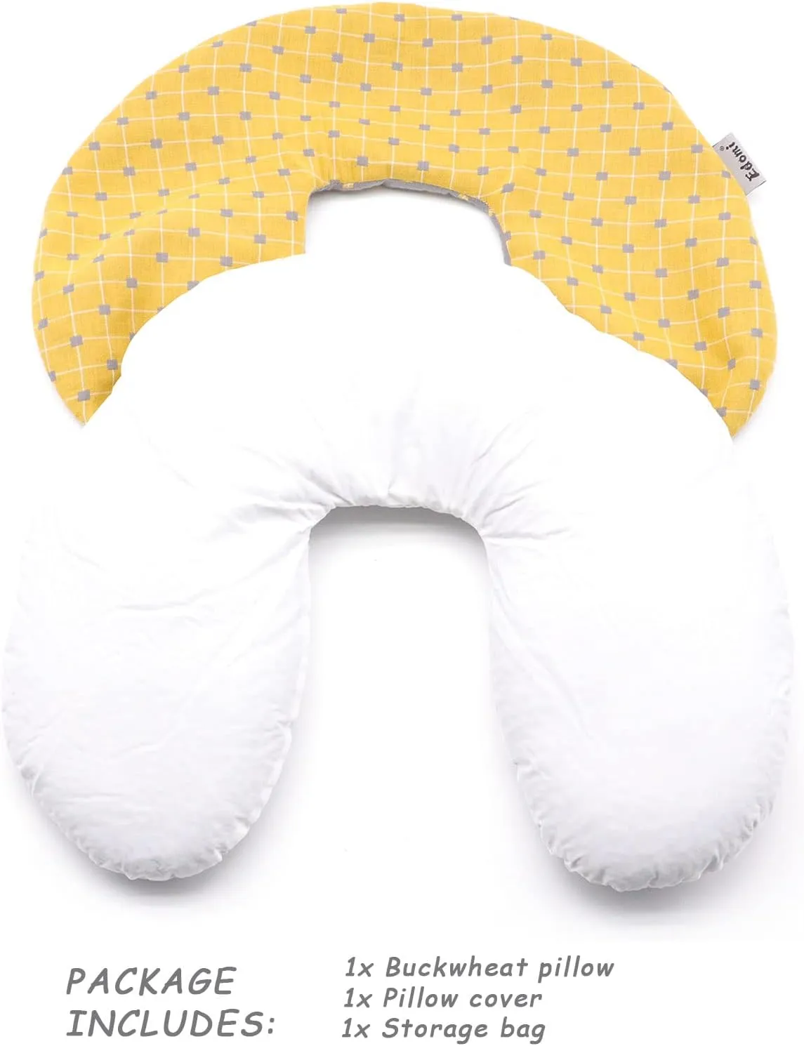 Cervical Pillow Neck Support Pillow U Shaped Travel Pillow for Shoulder Support with Adjustable Buckwheat Hulls Filling (12x12 inch, Yellow&Grey)