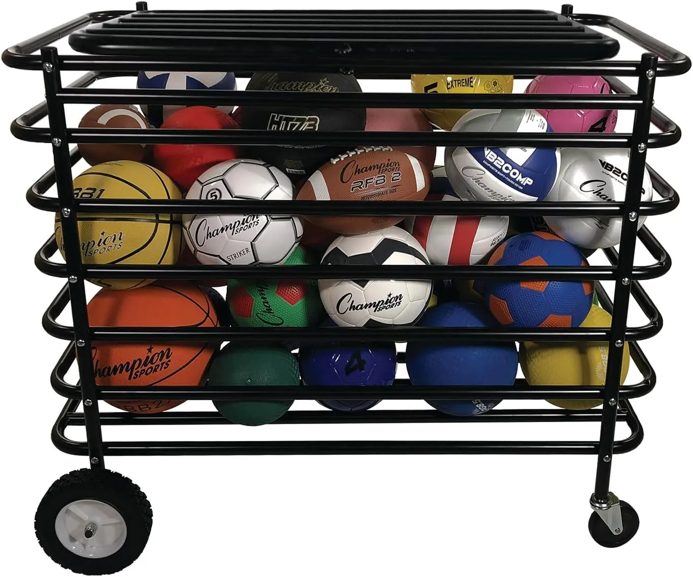 Champion Sports Ultimate Lockable Ball Locker – Heavy Duty Powder Coated Steel Ball Locker with Swivel Caster and Rear Wheels – Hinged Lid - Holds Up to 30 Balls – Black