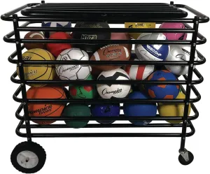 Champion Sports Ultimate Lockable Ball Locker – Heavy Duty Powder Coated Steel Ball Locker with Swivel Caster and Rear Wheels – Hinged Lid - Holds Up to 30 Balls – Black