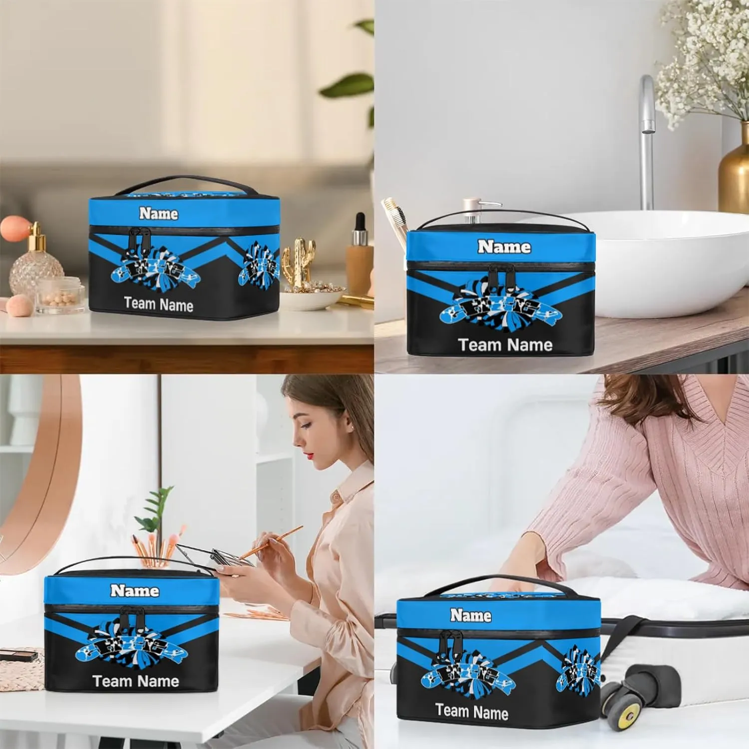 Cheer Custom Name Makeup Bag Personalized Large Cosmetic Case Portable Travel Make Up Organizer for Women Girls With Handle, Blue