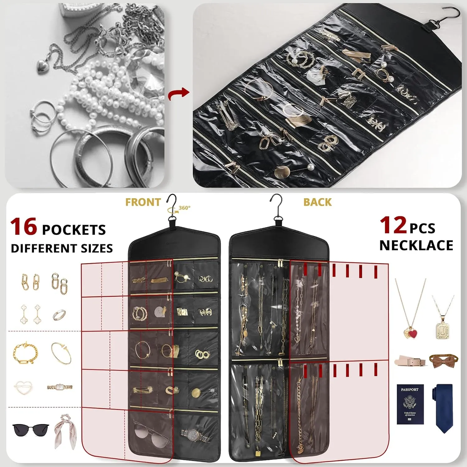 CHICECO Travel Jewelry Holder Organizer,Hanging Jewelry Organizer Storage With Zippered Pockets for Cloest,Wall,Door,Jewelry Holder for Earrings, Necklaces